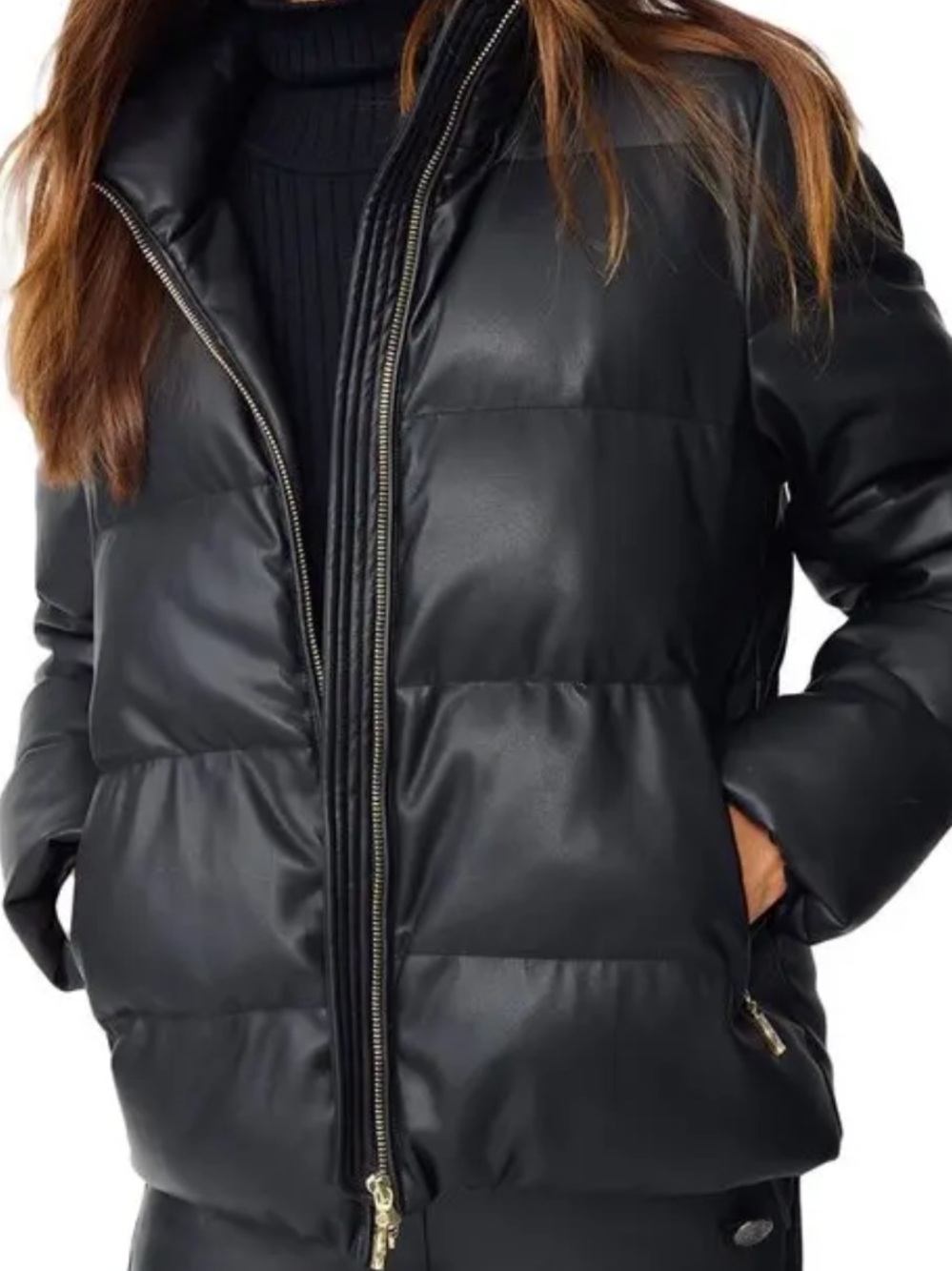 J.McLaughlin Rexx Black Leather Puffer Jacket Gold Hardware Size L